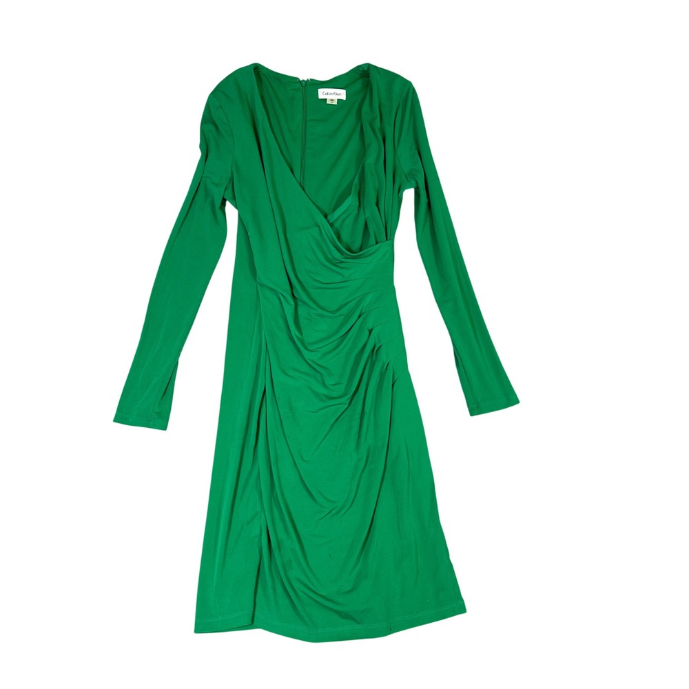 Calvin Klein Green Long Sleeve Ruched Surplice V-Neck Sheath Dress Size 6
